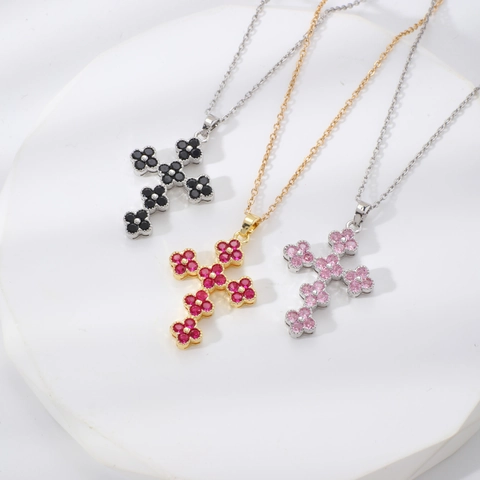 Clover Cross Pendant Necklace For Women Copper Zirconia Inlaid Flower Elegant Fashion Jewelry Accessories Gift For Her