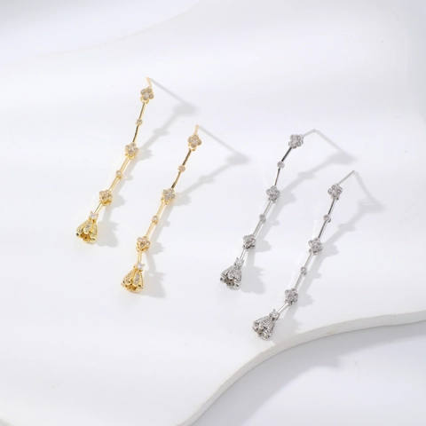 Elegantes Pendientes Largos de Cobre y Circonia con Trébol de Cuatro Hojas y Flores para Mujer Joyería Dulce Regalo de Cumpleaños San Valentín