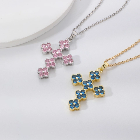 Clover Flower Cross Pendant Necklace Inlaid Zirconia Copper Crucifix Jewelry Trendy Personality Birthday Gift For Women Accessory