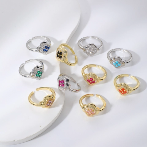 Anillo Abierto de Cobre con Circonia en Forma de Flor para Mujer Elegante Incrustado Colorido Trébol de Cuatro Hojas Ajustable Joyería