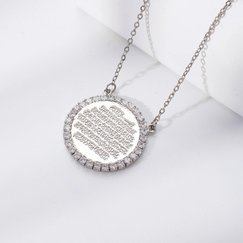 Fashion Copper Round Plate Arabic Lettering Pendant Necklace For Women Silver Tone Rhinestone Inlaid Trendy Jewelry Gift