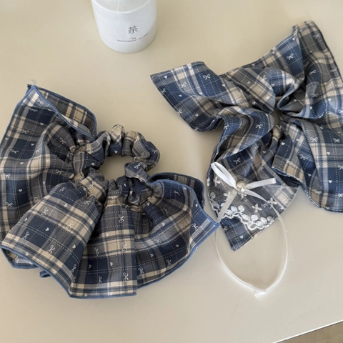 Blauw Wit Geruit Kant Strik Haarelastiek Met Kunstparel Hart Patroon Zwart Wit Gestreept Dames Meisjes Haaraccessoires