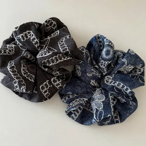 Vintage Large Scrunchie Denim Style Hair Tie Satin Elastic Hair Band Geometric Chain Pattern Women Hair Accessories