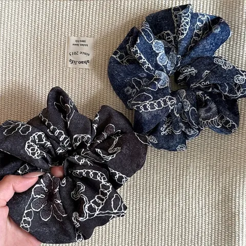 Vintage Large Scrunchie Denim Style Hair Tie Satin Elastic Hair Band Geometric Chain Pattern Women Hair Accessories