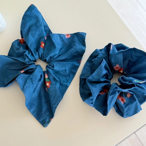 Korean Mori Style Deep Blue Floral Print Scrunchie Large Elastic Fabric Hair Tie For Women Girls Daily Hair Accessories