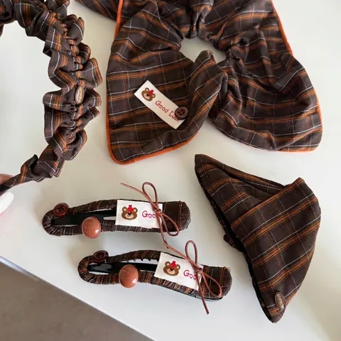 Elastico per Capelli Vintage Coreano con Orsetto a Quadretti Cachi a Righe in Tessuto Ferma Coda Accessori Capelli Donna Ragazza Fatto a Mano