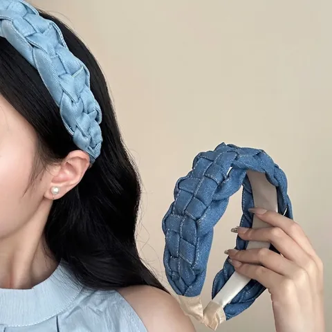 Vintage Wide Denim Braided Headband For Women Handmade Woven Denim Hair Hoop Casual Fashion Daily Hair Accessories Hairband