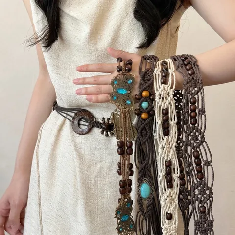 Cinturón Cadena de Cintura Tejida a Mano Bohemio Étnico Mujer Cuentas de Madera Colgante de Mariposa Estilo Turquesa Cuerda