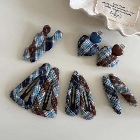 Pince à Cheveux en Tissu Plaid Vintage Rétro Géométrique Barrette Latérale Motif Cœur Vague Accessoires de Mode Pour Femmes