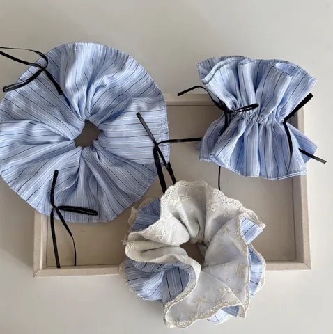 Chouchou Géant à Rayures Bleues Style Ballet Nœud en Tissu de Dentelle Française Accessoires de Cheveux pour Femmes