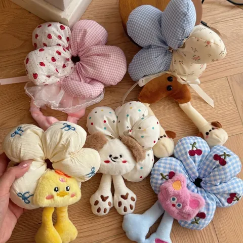Cute Plush Animal Flower Hair Scrunchie Sweet Cartoon Cat Frog Dog Long Leg Hair Tie Durable Fabric Hair Accessories For Women