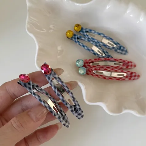 Plaid Fabric Rhinestone Hair Clips For Women Korean Style Geometric BB Clips Handmade Commuting Fashion Hair Accessories