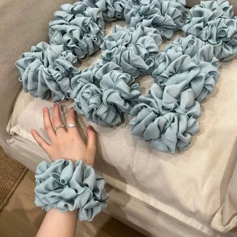 Women Oversized Ruffled Fabric Scrunchies Solid Color Elastic Hair Ties Chiffon Ponytail Holder Hair Accessories For Daily