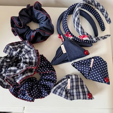 Handmade Denim Fabric Hair Accessories Collection For Women Navy Blue Polka Dot Plaid Bow Headband Scrunchies Shark Hair Clips