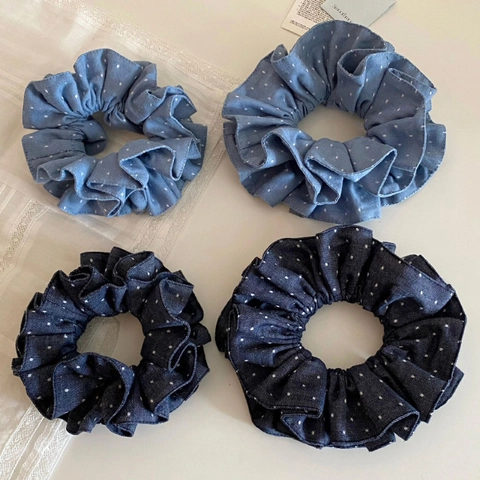 Scrunchies per Capelli in Denim a Pois Vintage Coreani Scrunchie in Tessuto Grande a Doppio Strato da Donna