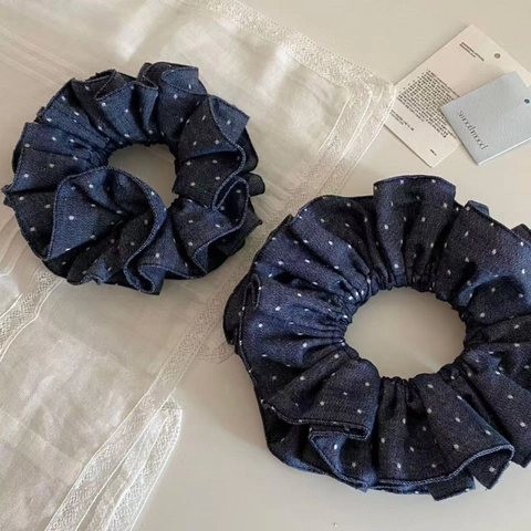 Scrunchies per Capelli in Denim a Pois Vintage Coreani Scrunchie in Tessuto Grande a Doppio Strato da Donna