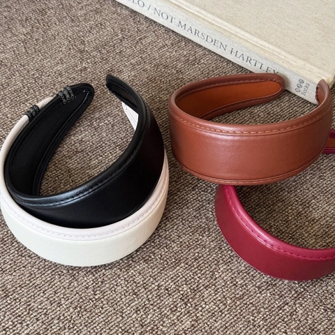 Retro French PU Leather Wide Padded Headband For Women Vintage Solid Color Thick Head Hoop With Stitching Hair Accessories