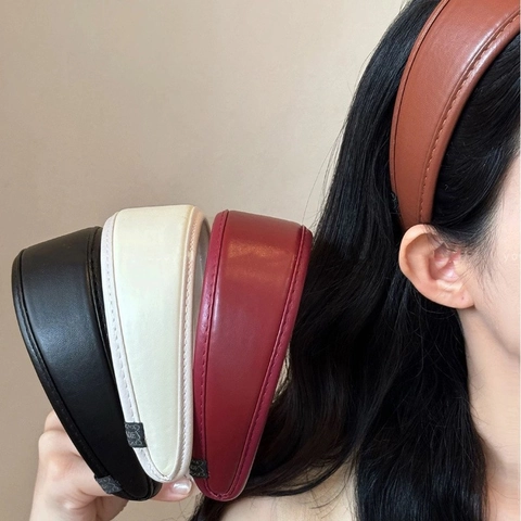 Retro French PU Leather Wide Padded Headband For Women Vintage Solid Color Thick Head Hoop With Stitching Hair Accessories