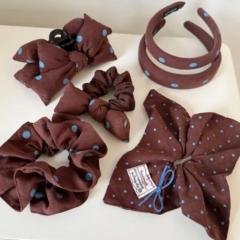 Retro Polka Dot Hair Accessories Set Coffee Blue Fabric Headband Large Scrunchie Bowknot Hair Claw Clip For Women Fashion Headwear