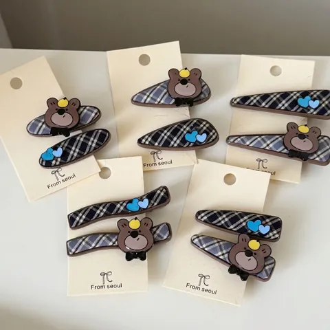 Korean Style Plaid Fabric Wrapped Bear Heart Hair Clips Metal Duckbill Clips Cute Cartoon Hair Accessories For Women Girls