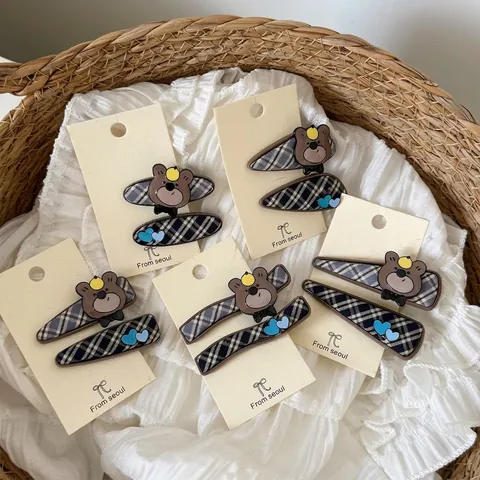 Korean Style Plaid Fabric Wrapped Bear Heart Hair Clips Metal Duckbill Clips Cute Cartoon Hair Accessories For Women Girls