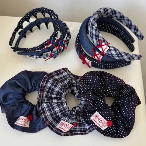 Retro Navy Blue Denim Polka Dot Plaid Headband And Scrunchie For Women Handmade Fabric Bow Hair Band Hair Accessories