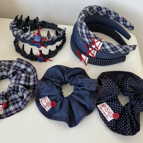 Retro Navy Blue Denim Polka Dot Plaid Headband And Scrunchie For Women Handmade Fabric Bow Hair Band Hair Accessories