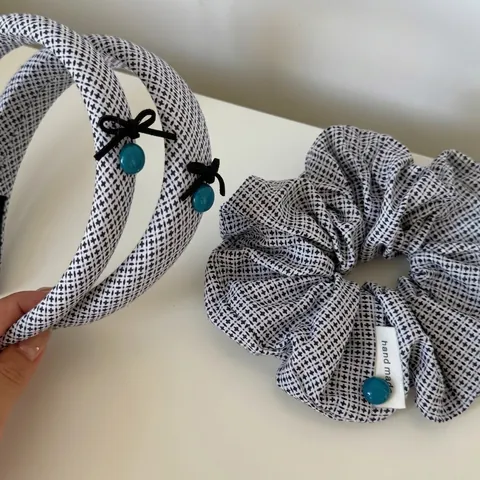 Juego de Diadema y Coletero de Tela con Textura Diagonal Vintage con Lazo de Cinta y Perla Artificial para Accesorios para el Cabello de Mujer