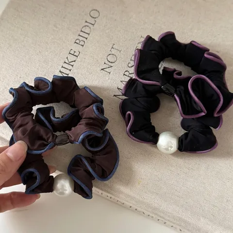 Koreaanse Stijl Contrast Ruche Rand Satijnen Scrunchies Met Namaakparel Decoratieve Luipaard Gingham Haarelastiekjes Voor Vrouwen