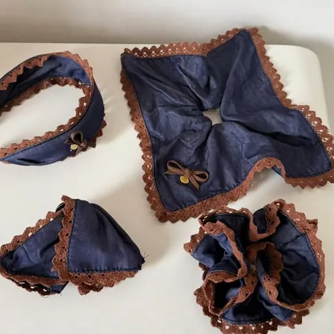 Set di Accessori per Capelli in Denim Coreano Vintage Con Bordo in Pizzo Marrone Pinza a Scatto Cerchietto Elastici per Donna