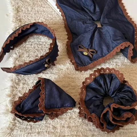 Set di Accessori per Capelli in Denim Coreano Vintage Con Bordo in Pizzo Marrone Pinza a Scatto Cerchietto Elastici per Donna