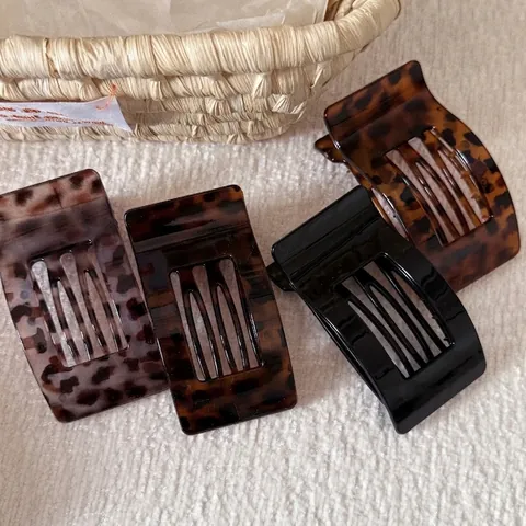 Damen Rechteckig Leopardenmuster Haarklaue Flacher Haifisch-Clip PS Material Elegant Schwarz Grau Leoparden Haarspange Zubehör