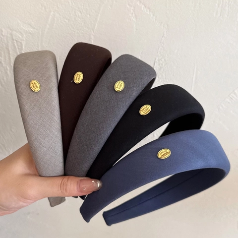 Vintage Gevoerde Spons Hoofdband Voor Vrouwen Met Gouden Metalen Label Breed Stofontwerp Hoog Haar Dagelijkse Haaraccessoire