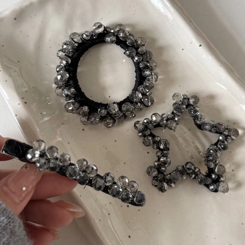 Fermaglio per Capelli Stella Strass Grigio Fatto a Mano Geometrico Cristallo Perline Clip BB Elastico Moda Accessori