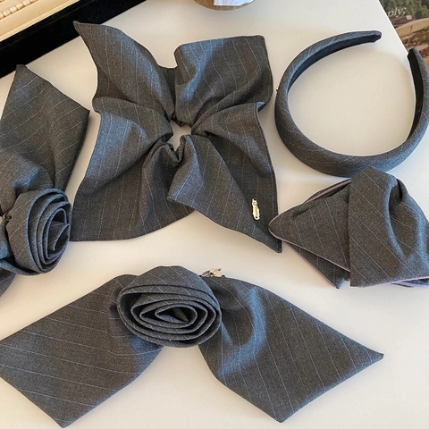 Accessoires Cheveux Élégants en Tissu à Rayures Grises pour Femmes Polyester Fait Main Nœud Fleur Serre-tête Pince