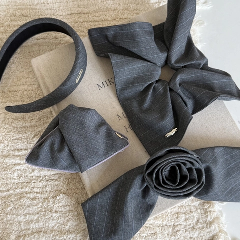 Accessoires Cheveux Élégants en Tissu à Rayures Grises pour Femmes Polyester Fait Main Nœud Fleur Serre-tête Pince