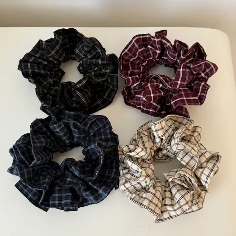 Chouchou en Polyester Coton à Carreaux Rétro Fait Main en Tissu Attache Cheveux Double Couche Accessoires Cheveux Femme