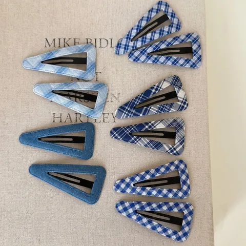 Triangle Fabric Plaid Denim BB Hair Clips Blue White Geometric Snap Clips Handmade Fashion Hair Accessories For Women