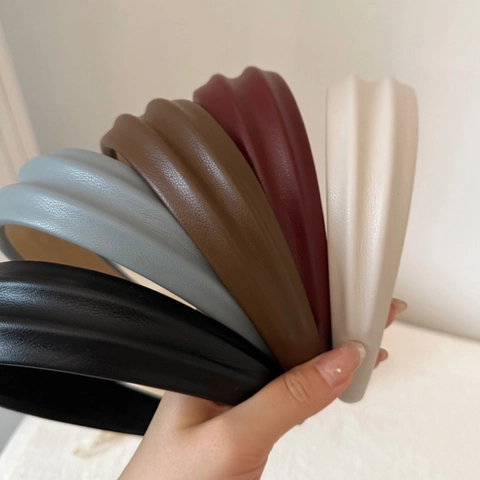 Women Fashion PU Leather Thickened Padded Headband Solid Color Wide Sponge Head Hoop High Cranial Top Hair Accessories