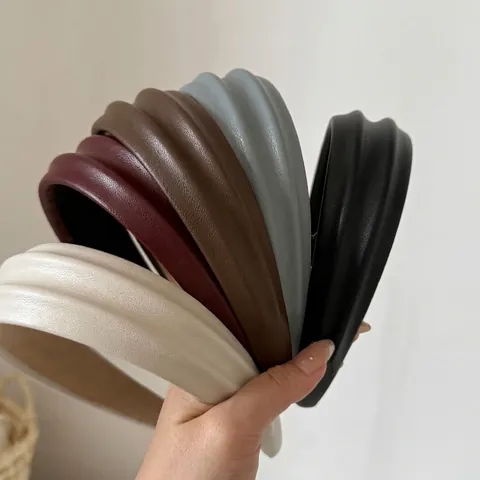 Women Fashion PU Leather Thickened Padded Headband Solid Color Wide Sponge Head Hoop High Cranial Top Hair Accessories