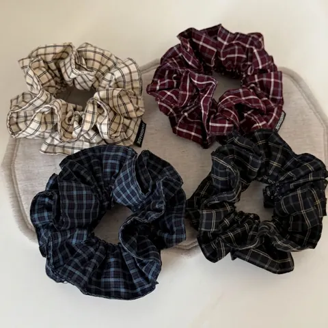 Chouchou en Polyester Coton à Carreaux Rétro Fait Main en Tissu Attache Cheveux Double Couche Accessoires Cheveux Femme