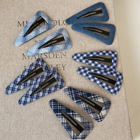 Triangle Fabric Plaid Denim BB Hair Clips Blue White Geometric Snap Clips Handmade Fashion Hair Accessories For Women