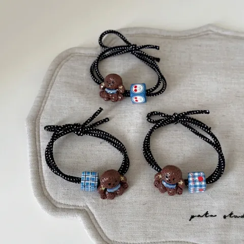 Cute French Style Teddy Dog Fabric Hair Ties With Resin Cherry Checkered Square Beads Sweet Cartoon Hair Ties For Women Girls