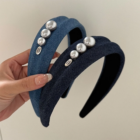 Cerchietto in Denim Largo Vintage Francese da Donna Con Perla Artificiale Grigia Elegante Cerchietto in Denim Blu Fatto a Mano