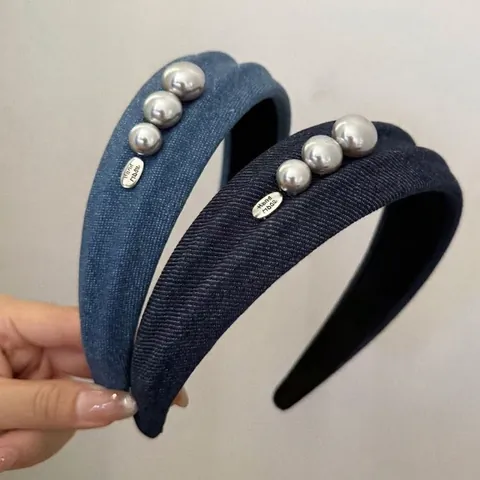 Cerchietto in Denim Largo Vintage Francese da Donna Con Perla Artificiale Grigia Elegante Cerchietto in Denim Blu Fatto a Mano