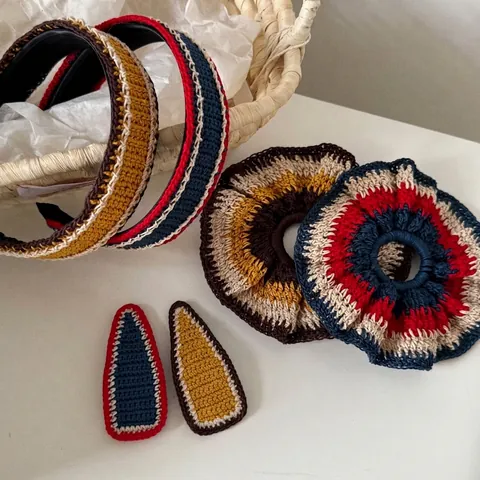 Accesorios para el Cabello de Punto a Ganchillo Hechos a Mano Diadema a Rayas Vintage Color Contraste Scrunchie Bohemio Clips BB Mujer