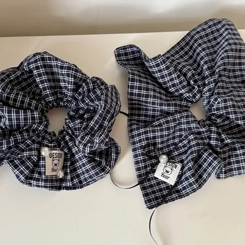 Coletero de Tela a Cuadros Estilo Francés Con Perla Artificial Elegante Hecho a Mano Goma de Pelo Accesorios