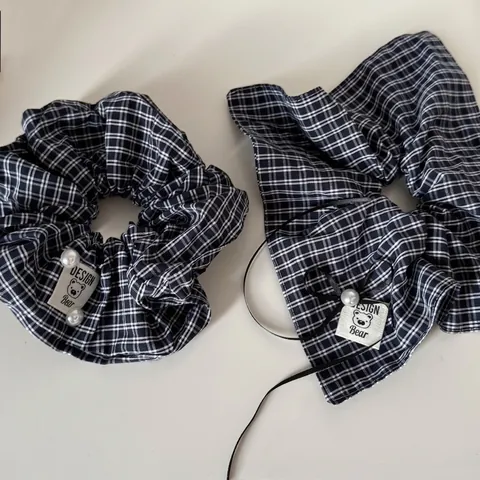 Coletero de Tela a Cuadros Estilo Francés Con Perla Artificial Elegante Hecho a Mano Goma de Pelo Accesorios