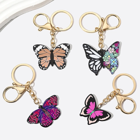 Colorful Printed Acrylic Butterfly Keychain With Gold Alloy Lobster Clasp For Women Bag Pendant Keychain Gift