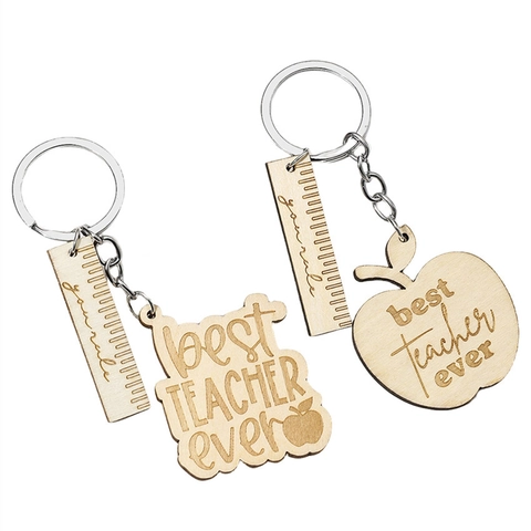 Portachiavi in Legno per Regalo Insegnante Best Teacher Ever Slogan Mela Righello Pendaglio Legno Metallo Anello Gioielli